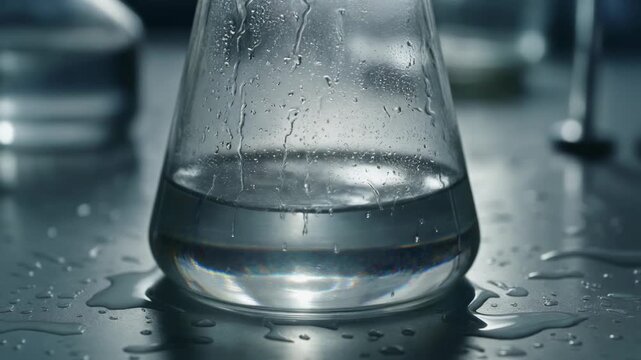 Condensation forms on a wet erlenmeyer flask containing clear liquid in a dimly lit science laboratory setting.