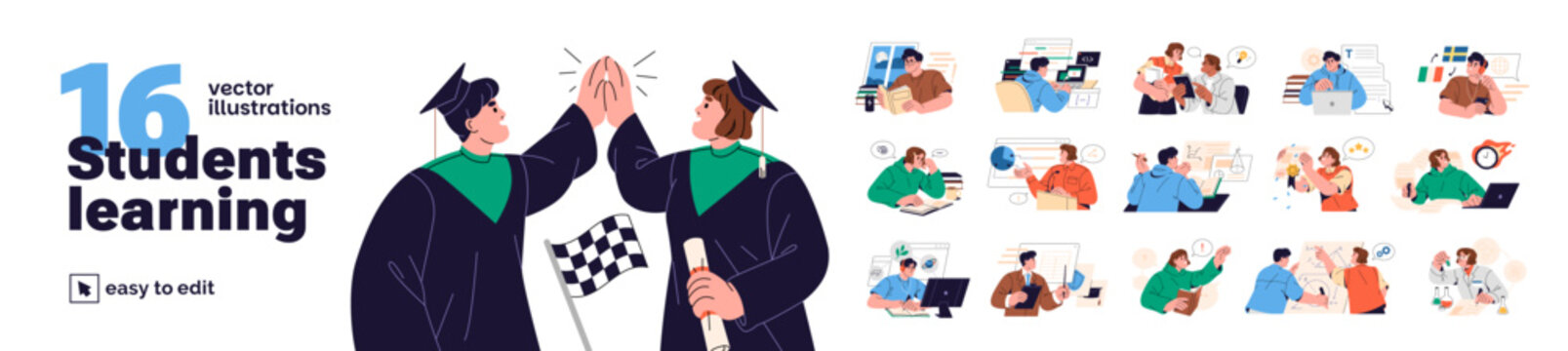 Students are learning set. Teen men and women study at school, college, university and graduate. People read books, ask, solve and get education. Flat isolated vector illustrations on white background