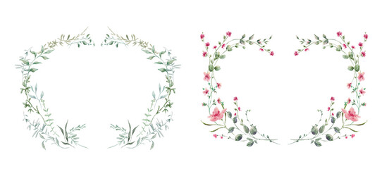 Obraz premium Watercolor meadow wildflowers greenery floral frames set