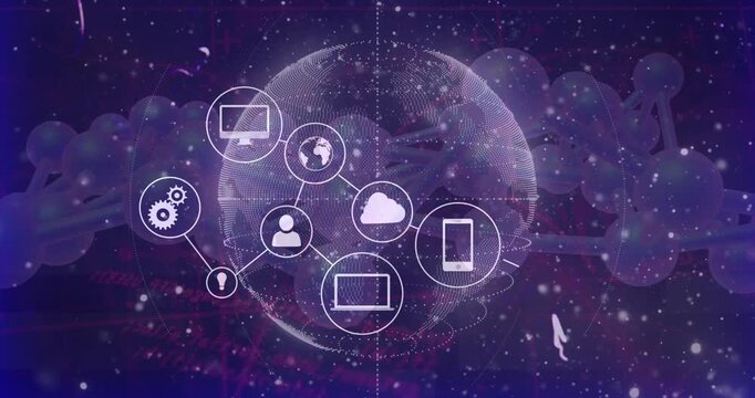 Rotating dotted globe initiating icons appearing and linking, cloud pulsing, forming global network
