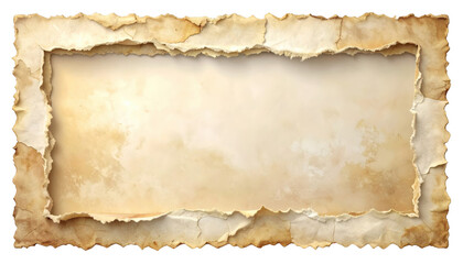 Fototapeta premium Torn aged parchment with frayed edges and rectangular hole on... isolated on a transparent background