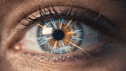 Fototapeta premium Close-up of a Human Eye with Integrated Abstract Digital Data Connections and Dynamic Light Streaks, Symbolizing Technology and Vision