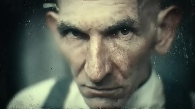 Close up of a man looking down.