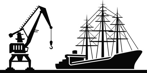 Harbor crane and cargo sailing ship silhouette, maritime port logistics shipping dockyard industrial transport vector illustration isolated © Hello World