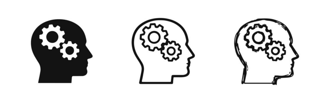 Human head with gears icon set. Thinking process, logic, intellect, system, and problem-solving symbol.
