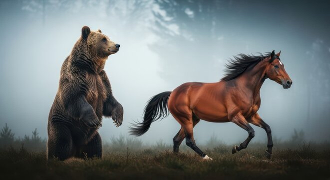 A majestic wild bear standing near a galloping brown horse in a foggy forest. Conceptual contrast of strength, strength, power, majestic