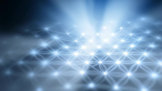 Futuristic glowing network of interconnected nodes and lines on a blue abstract background, symbolizing digital connections and advanced technology. Light rays illuminate the geometric pattern