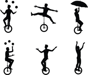 Circus unicycle performer silhouettes set with juggling, balancing and umbrella riding tricks isolated on white background entertainment concept © Hello There
