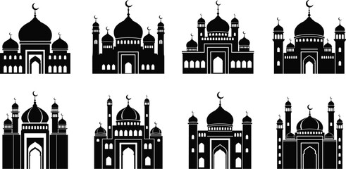Islamic mosque silhouettes collection with domes minarets and crescent symbols, Arabic architecture religious buildings black vector illustration set © Aminul