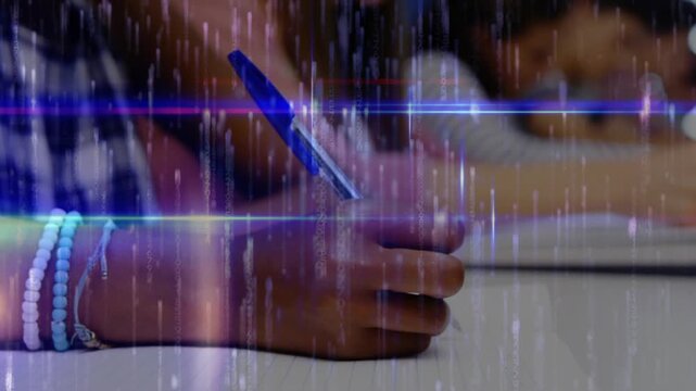 Student's hand tilting blue pen, contacting paper, taking classroom notes while distortion overlays