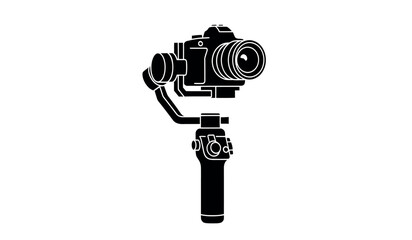 Black and white illustration of a camera on a gimbal stabilizer for smooth video recording © Apai