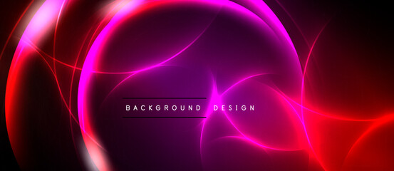 Naklejka premium Abstract neon lights create vibrant curves, gradients. Dark background emphasizes glowing shapes, modern design elements.