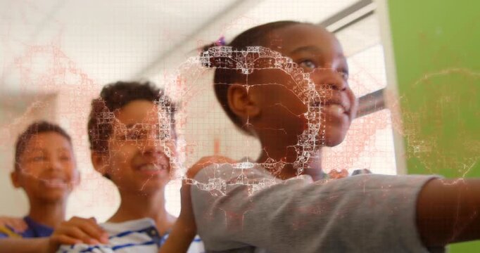 Three kids in class, front girl reaching, two holding shoulders, globe overlay aiding geography