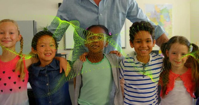 Teacher placing hands, students posing class portrait, green overlay sweeping faces, camera panning