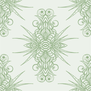 Elegant Symmetrical Vintage Floral Ornament Pattern in Soft Sage Green on Light Background for Islamic Textile, Hijab, Mukena, and Decorative Fabric Design