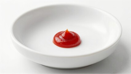 A single red ketchup glob in a white bowl on a white table