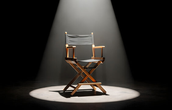 Dramatic Spotlight on an Empty Folding Chair with Wooden Frame and Canvas Seat in a Dark Room, Evoking Mystery and Anticipation for Creative Ventures