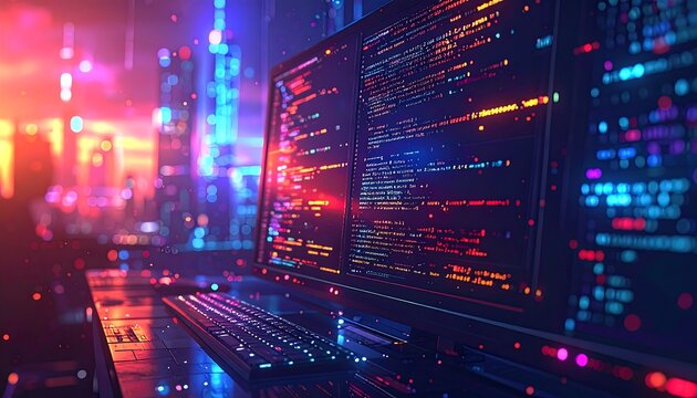 A futuristic neon-lit computer screen displaying lines of code