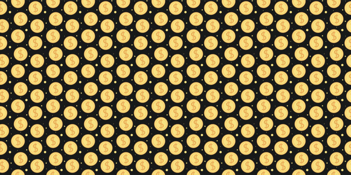 Seamless pattern with gold dollar coins and tiny dots on black background for finance