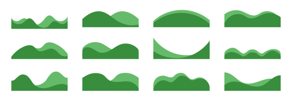 Shape separator wave for divider grass curve and footer website vector. Banner green design for web page top and header bottom set. Shape cloud corner for divider background border and grass