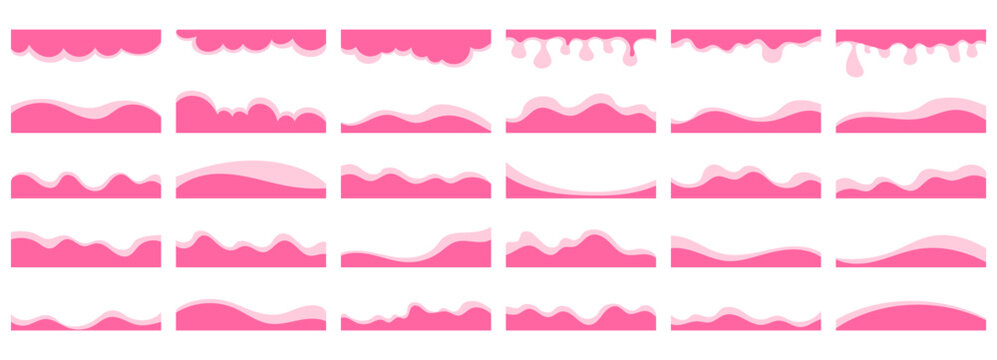 Shape separator curve for wave divider footer and website vector banner. Design web page for top header bottom and form cloud corner. Shape background border for wave pink divider