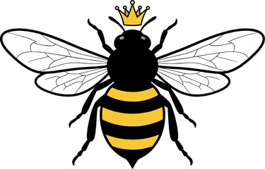 Queen Bee With Golden Crown Clean Vector Illustration Flat Design