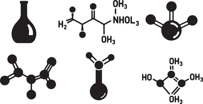 Black Solid Alcohol Solvent Silhouettes Set of Six on White Background