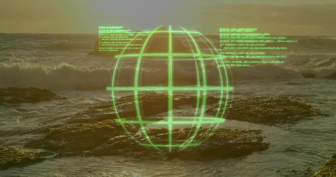 Sun dipping near horizon causing grid globe forming above rocks, HUD showing data over shore