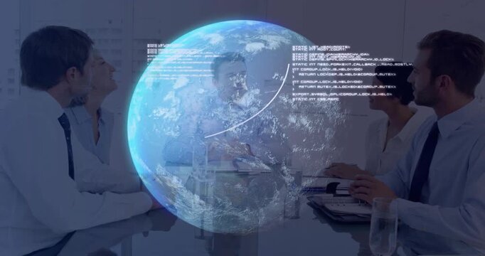 Business team starting data platform globe growing over team code typing arc sweeping linking teams