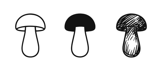 Mushroom icon set in three different styles: outline, solid, and hand-drawn. Edible forest fungus graphics. © ICONS FOR YOU