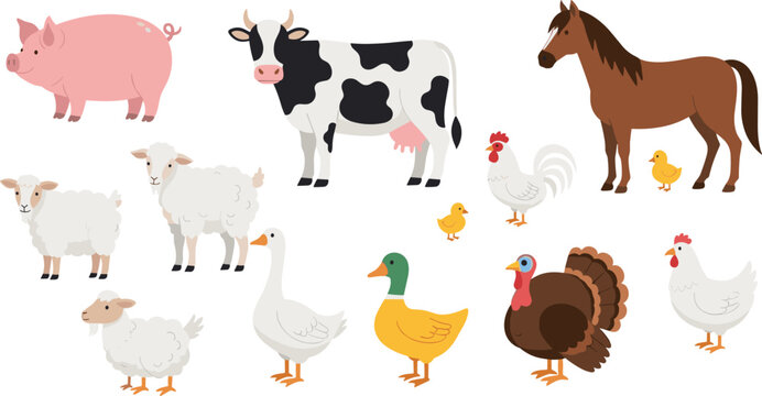 Farm animals collection with pig cow horse sheep duck chicken and turkey flat vector illustration set