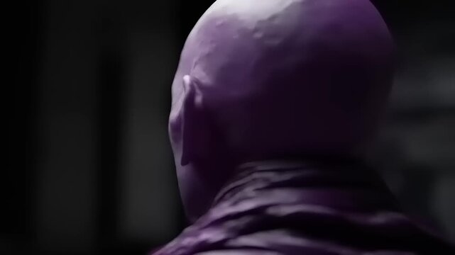 Close up profile of a bald alien with purple skin and large ears.