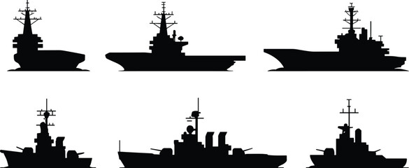 Military warship silhouettes collection with aircraft carrier destroyer and battleship naval fleet vessels isolated maritime defense ship icons © Hello There