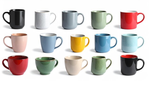 Set of ceramic cups and mugs with different shapes, colors, isolated on white