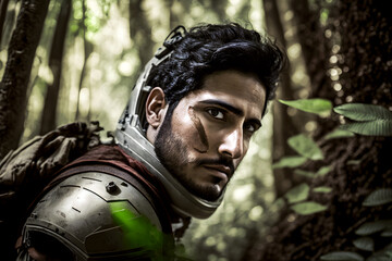 Obraz premium Futuristic soldier on a mission in the jungle. Neural network AI generated art