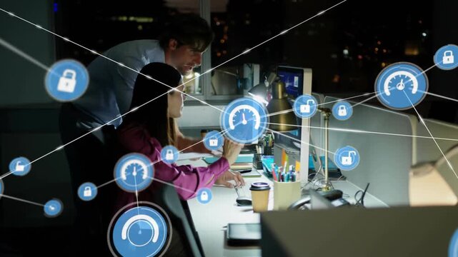 Woman typing, man pointing at docs, blue HUD gauges and locks forming network for security metrics