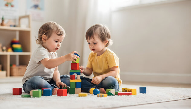 Two young children thoughtfully build with colorful wooden blocks on a white rug, fostering early development and creative play in a bright nursery setting