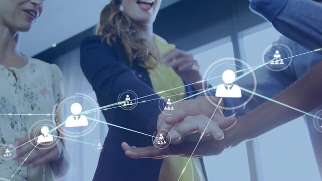 Woman placing hand starting hand stack for business alignment, animated web forming around group