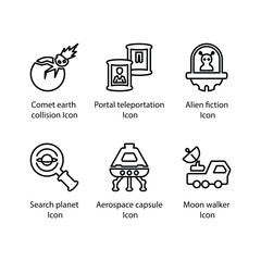 Comet collision, Portal teleportation, Alien fiction, Search planet, Aerospace capsule, Moon walker, icon