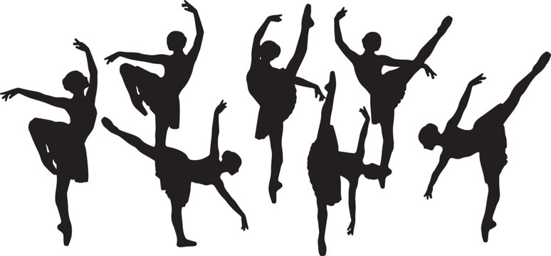 Black Solid Ballet Attitude Penche Silhouettes Set of Six on White Background