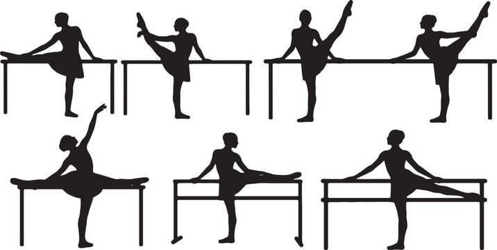 Black Solid Ballet Barre Warm-Up Silhouettes Set of Six on White Background