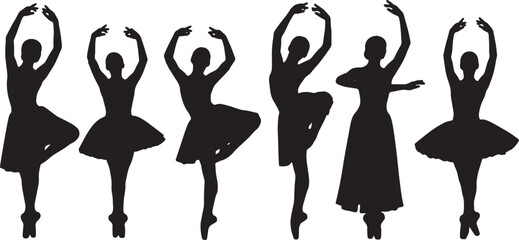Black Solid Ballet Croise Alignment Silhouettes Set of Six on White Background © AADIL