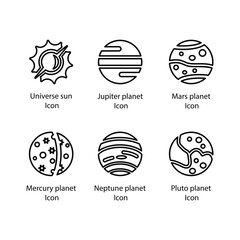 Universe sun, Jupiter planet, Mars planet, Mercury planet, Neptune planet, Pluto planet, icon
