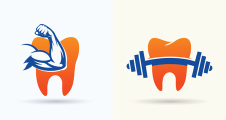 Fototapeta premium Dental Tooth Barbell and Bicep Logo for Strong Smile Fitness 
