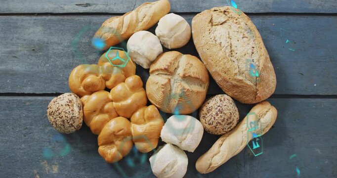 Animated cyan graphics appearing from left drifting, pulsing, rotating, highlighting breads