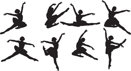 Black Solid Ballet Grand Jete Silhouettes Set of Six on White Background © AADIL