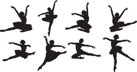 Black Solid Ballet Grand Jete Silhouettes Set of Six on White Background © AADIL