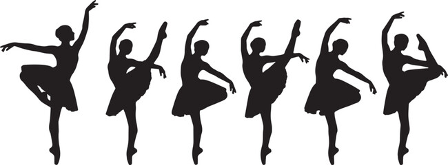 Black Solid Ballet Passe Attitude Silhouettes Set of Six on White Background © AADIL