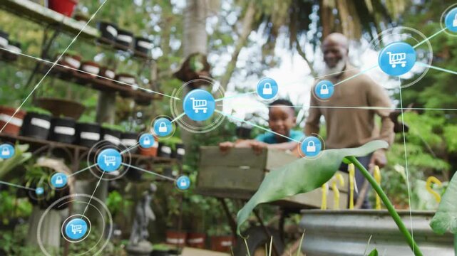 Grandpa pushing barrow boy riding leaf closeup sparking cart and lock icons over plant racks retail