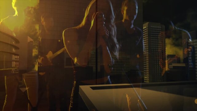 Singer leaning into mic singing while camera pulling revealing band and skyline overlay for music